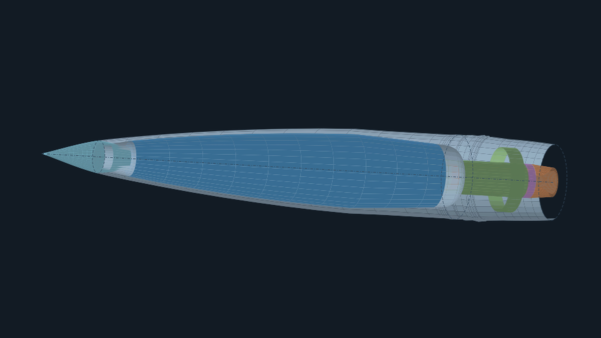 Complete 3D munition assembly with propulsion integration, actual BallisticWorkbench CAD view